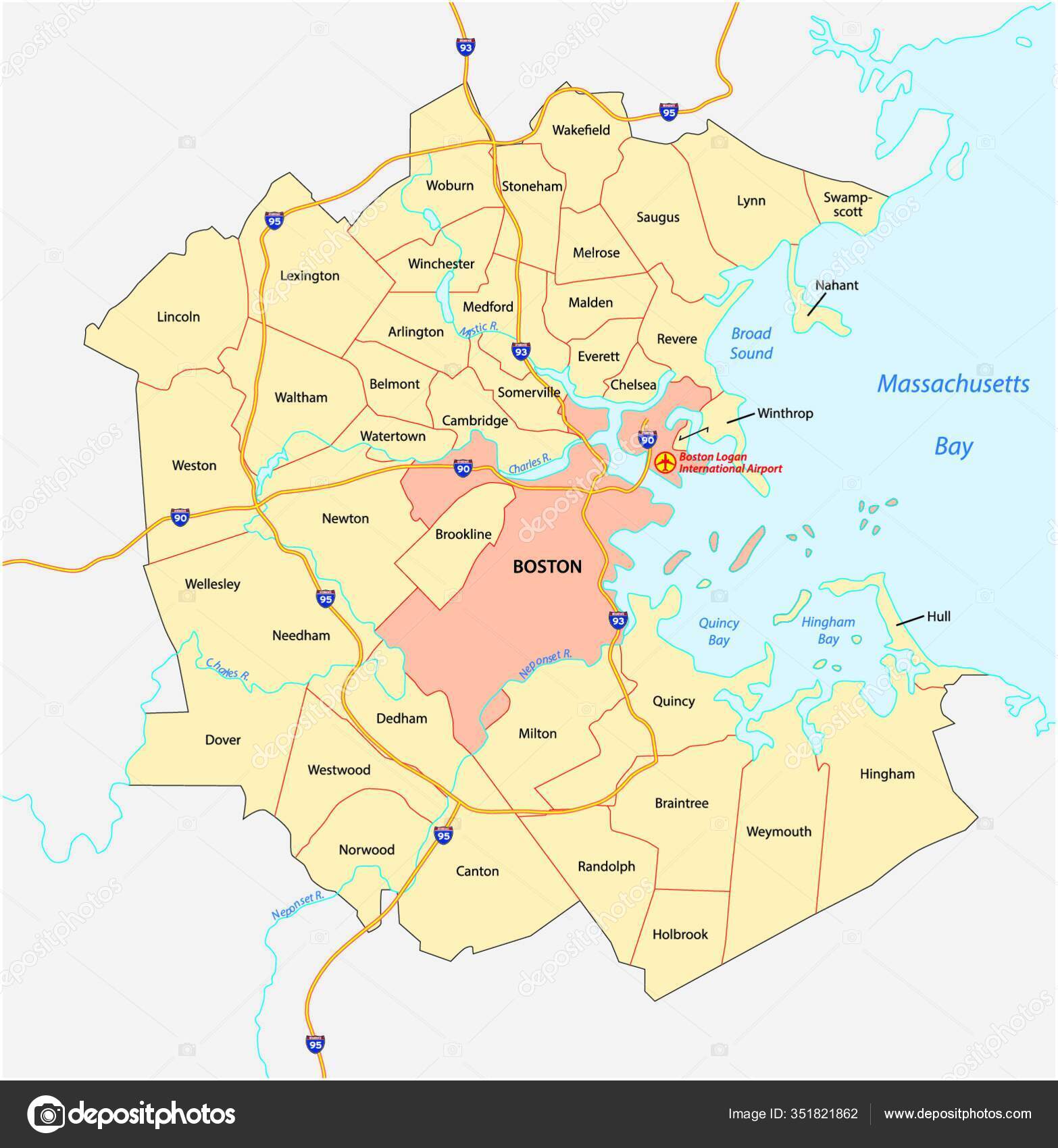 Vector Map Greater Boston Metropolitan Region Massachusetts United