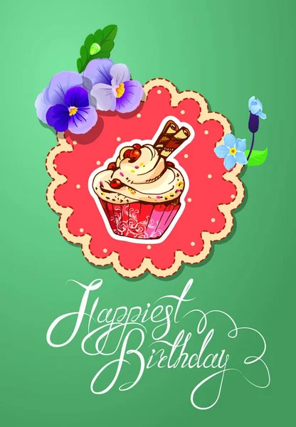 节日贺卡 装饰精美的甜纸杯蛋糕 老式框架和书法文字祝你生日快乐 — 图库矢量图片