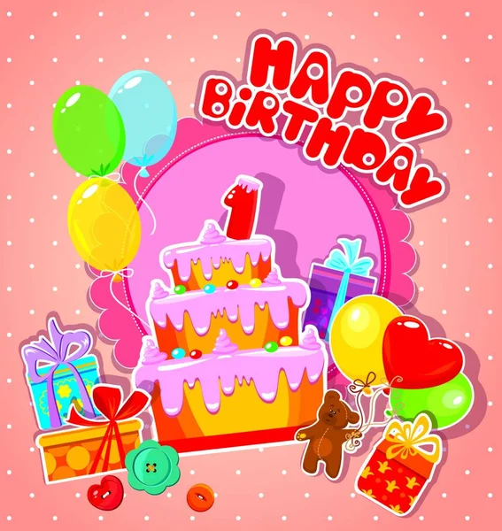 有玩具熊 大蛋糕和礼品盒的婴儿生日贺卡 一周年纪念日 — 图库矢量图片