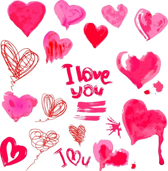 Συλλογή Από Grunge Aquarelle Καρδιές Και Λέξεις Love You Στοιχεία — Διανυσματικό Αρχείο