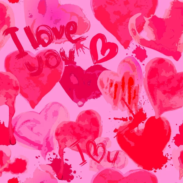 Απρόσκοπτη Μοτίβο Grunge Aquarelle Καρδιές Και Λέξεις Αγαπώ Valentines Day — Διανυσματικό Αρχείο