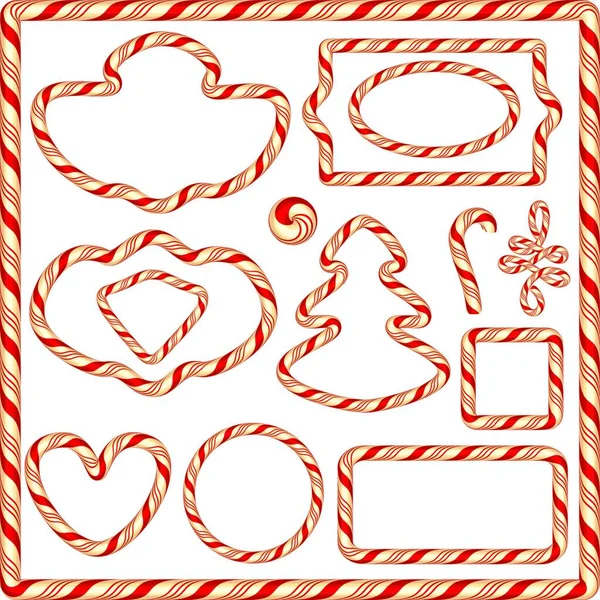 キャンディフレームと境界線のセットは 白い背景に隔離された冬の休日のデザインのための要素 メリークリスマスとハッピーニューイヤーのテーマ — ストックベクタ