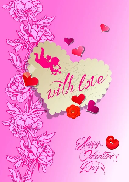 老式的卡 心是做的旧纸上和平与手写书法文本 花粉红色的背景上 快乐的情人节卡片 — 图库矢量图片