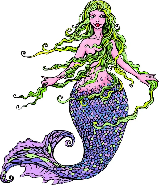 Hand Drawn Illustration Beautiful Mermaid Girl Isolated White Background — Stock Vector