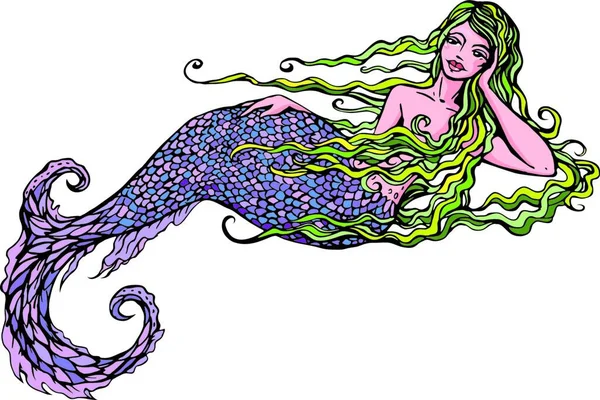 Handgezeichnete Illustration Einer Schönen Meerjungfrau Mädchen Isoliert Auf Weißem Hintergrund — Stockvektor