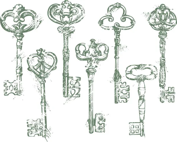 Set Antique Vintage Keys Grunge Style Aislado Sobre Fondo Blanco — Archivo Imágenes Vectoriales