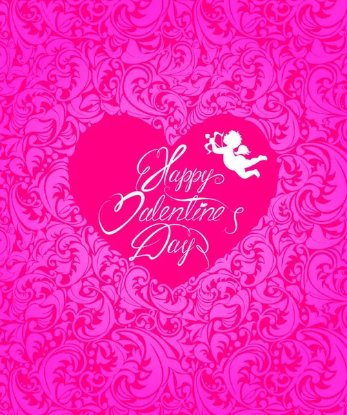 ピンクの装飾花の背景を持つ休日のカード 書道のテキストと心ハッピーバレンタインデーと天使 — ストックベクタ
