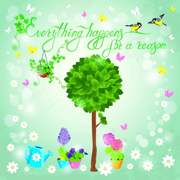 Obraz Zelený Strom Květiny Květináčích Ptáci Modrém Pozadí Nebe Design — Stockový vektor