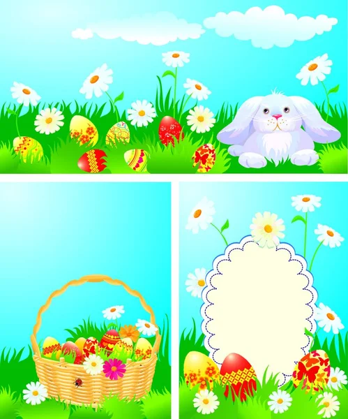 Set Color Easter Banners Easter Bunny Basket Eggs Grass — Stock Vector