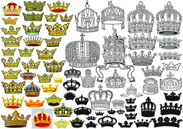 Gran Conjunto Coronas Heráldicas Ilustraciones Color Ilustraciones Esbozadas Negras Ilustraciones — Vector de stock
