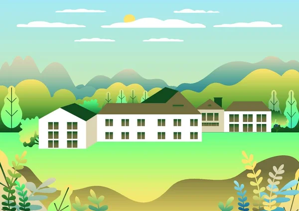 农村山谷农场农村 村庄景观与牧场的平面设计 带有独立家庭 建筑物 背景卡通画的景观 — 图库矢量图片
