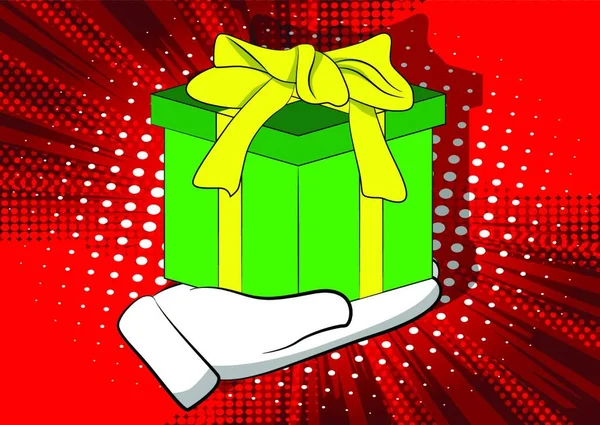 Boîte Cadeau Main Dessin Animé Vectoriel Tenant Signe Vacances Illustré — Image vectorielle