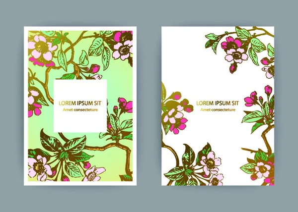 Mall För Botaniska Bröllop Inbjudan Kortdesign Handritad Sakura Blommor Och — Stock vektor