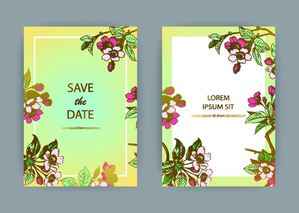 Botanical Boda Invitación Tarjeta Plantilla Diseño Dibujado Mano Flores Sakura — Vector de stock