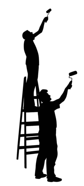 Ilustración Dos Hombres Pintores Pintando Pared Con Rodillos Pintura Fondo — Vector de stock