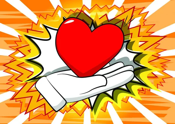 Mano Dibujos Animados Vectorial Mostrando Corazón Rojo Signo Ilustrado Fondo — Archivo Imágenes Vectoriales