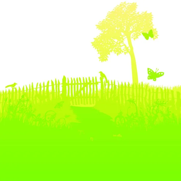 Vieille Clôture Jardin Avec Sentier Arbre Solitaire — Image vectorielle