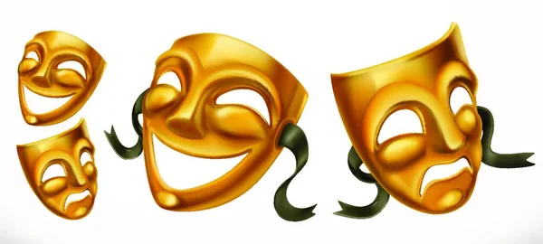 Золотые Театральные Маски Трехмерная Векторная Икона — стоковый вектор