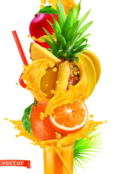 洒上果汁和甜热带水果 芒果香蕉菠萝木瓜橙子3D现实病媒 — 图库矢量图片