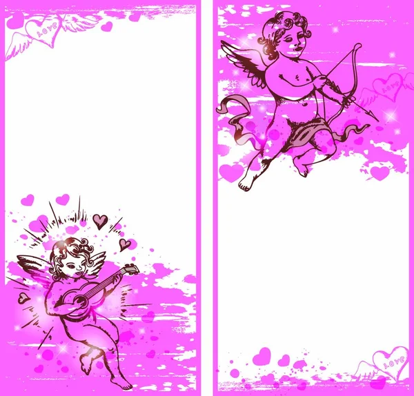 情人节带有Cupids的垂直粉色横幅 矢量插图 — 图库矢量图片