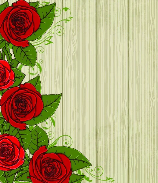 Fondo Decorativo Vectorial Madera Con Rosas Rojas — Vector de stock