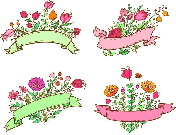 Bannières Vectorielles Dessinées Main Décoratives Avec Des Fleurs — Image vectorielle