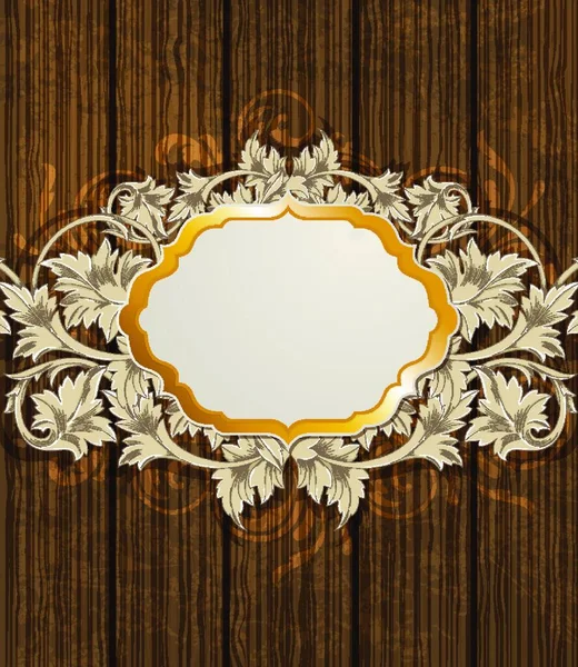 Wooden Background Golden Label Floral Ornament — Stock Vector