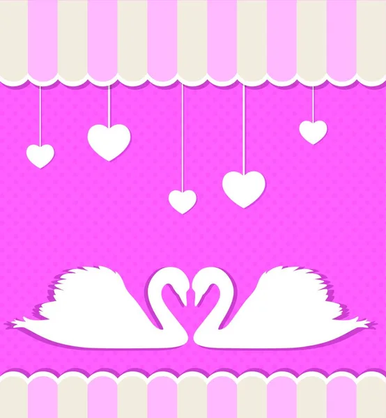 ピンクの背景に2つの白い白鳥と心 — ストックベクタ
