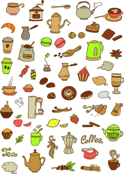 Set Aus Vektor Tee Und Kaffee Doodle Elementen Für Das — Stockvektor