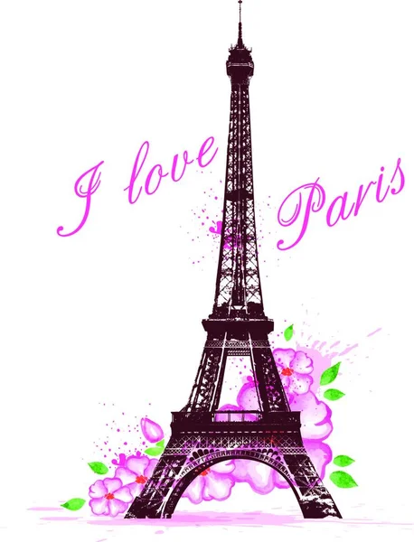 Sfondo Romantico Con Fiori Rosa Acquerello Torre Eiffel — Vettoriale Stock