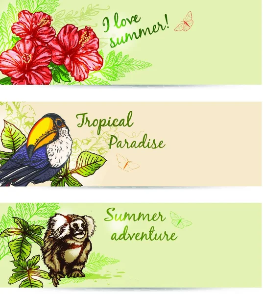 Vector Horizontal Banderas Tropicales Verano Con Flores Animales — Archivo Imágenes Vectoriales