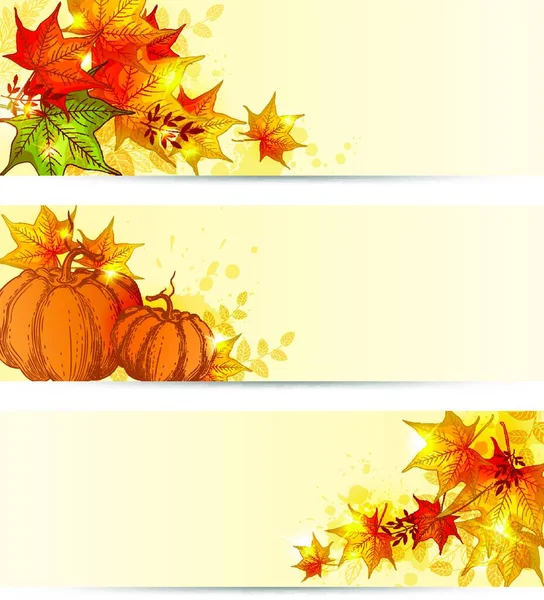 Autumn Horizontal Backgrounds Maple Leaves Pumpkins — Stock Vector