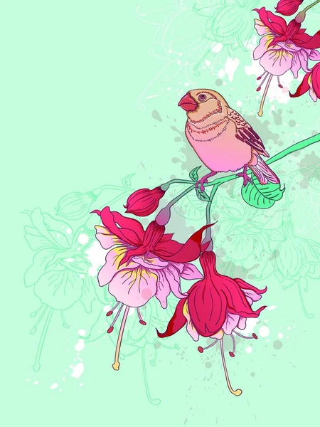 Fondo Vector Verde Con Flores Rojas Pájaro — Vector de stock