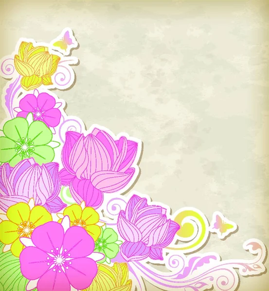 ピンクと黄色の花とヴィンテージベクトルの背景 — ストックベクタ
