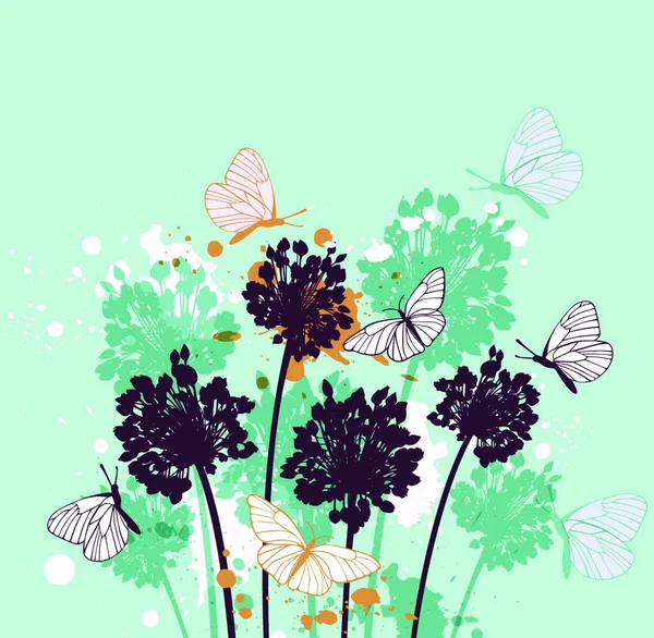 Зелений Декоративний Фон Метеликами Польовими Квітами — стоковий вектор