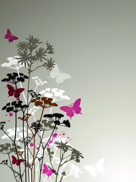 Wektor Dekoracyjny Tło Motyli Dzikich Kwiatów — Wektor stockowy