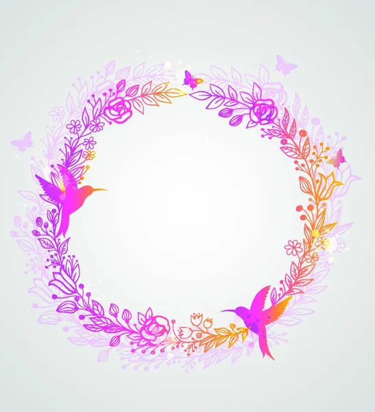 Grinalda Decorativa Desenhada Mão Flores Folhas Pássaros —  Vetores de Stock