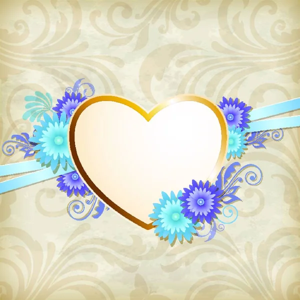 复古背景与金色的心和蓝色的花朵 — 图库矢量图片