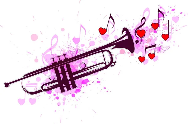Romantische Musik Mit Trompete Noten Und Roten Herzen — Stockvektor