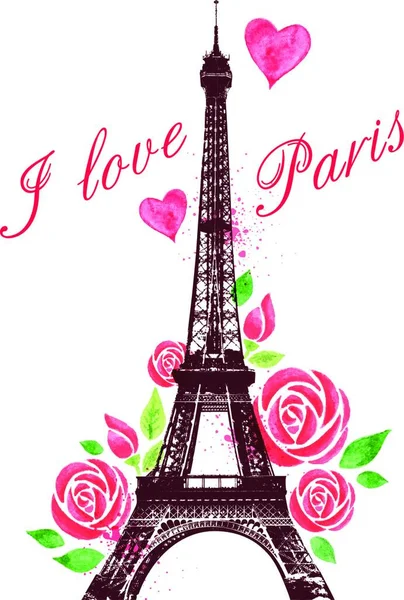 Romantische Valentijn Achtergrond Met Rode Aquarel Rozen Eiffeltoren — Stockvector