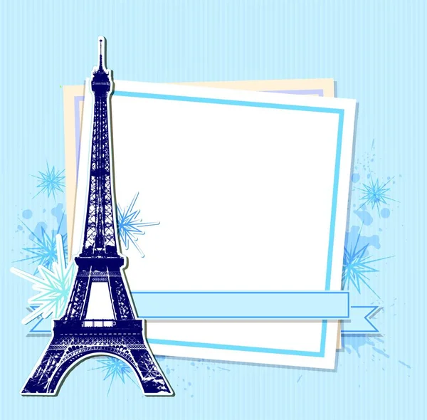 Blauwe Kerstachtergrond Met Eiffeltoren Wit Vel Papier — Stockvector