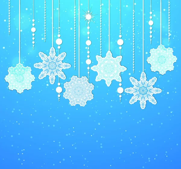 Голубой Вектор Рождественский Фон Бусами Снежинками — стоковый вектор
