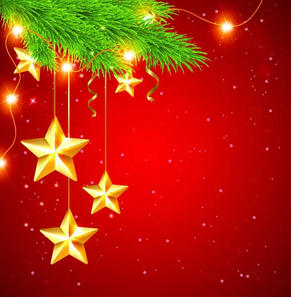 Κόκκινο Φόντο Χριστούγεννα Λαμπερό Χρυσά Αστέρια Και Έλατο Δέντρο — Διανυσματικό Αρχείο