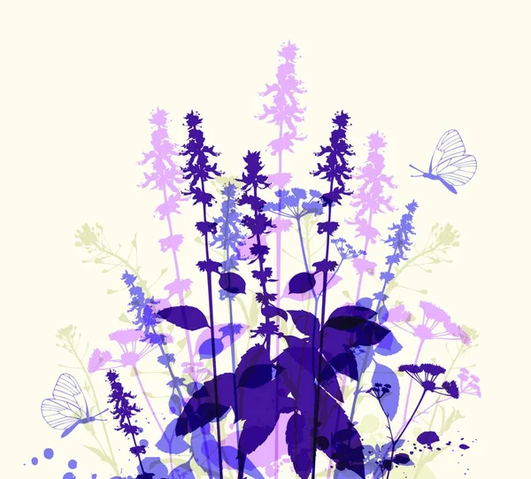 Abstrakt Blommig Bakgrund Med Violetta Blommor Och Fjäril — Stock vektor