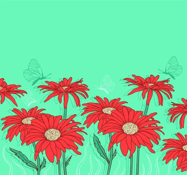 Grüner Vektor Floraler Hintergrund Mit Roter Gerbera Und Schmetterlingen — Stockvektor