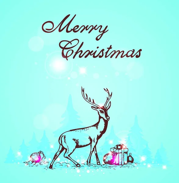 Carte Voeux Avec Cerfs Cadeaux Noël Sur Fond Bleu — Image vectorielle