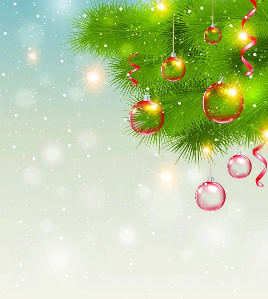 圣诞背景 红色装饰品和绿色松枝 — 图库矢量图片