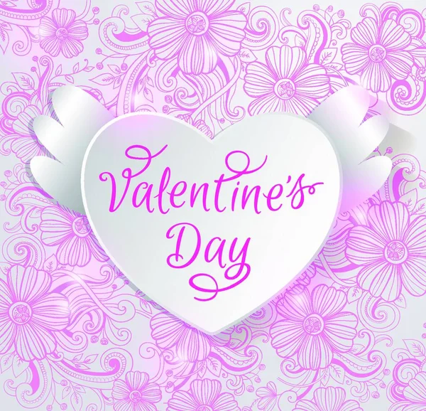 ピンクの花の背景に紙の心を持つバレンタインカード — ストックベクタ