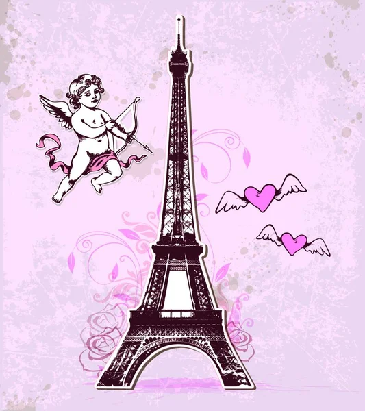 Carte Vectorielle Vintage Avec Tour Eiffel Cupidon Pour Saint Valentin — Image vectorielle