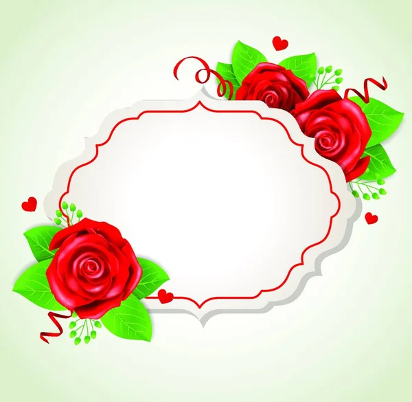 Banner Romántico Decorativo Con Rosas Rojas Hojas Verdes — Vector de stock